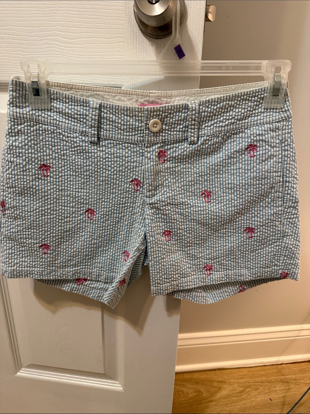 Lilly Pulitzer Blue Seersucker Shorts with Pink Palm Embroidery